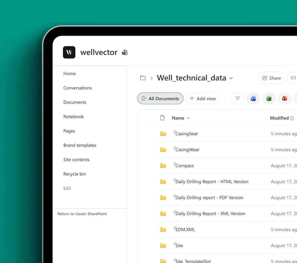 A SharePoint document library of well technical data, ready for Wellmine to ingest